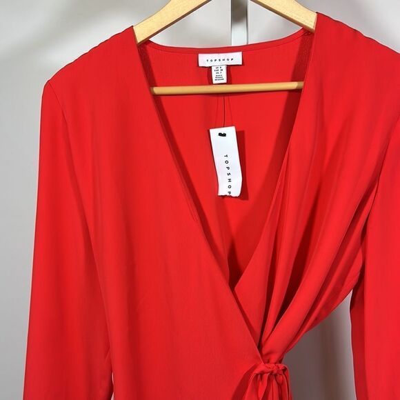 TOPSHOP Women’s Long Sleeve Surplice Wrap Blouse Coral/Red Size 8 - Picture 6 of 10